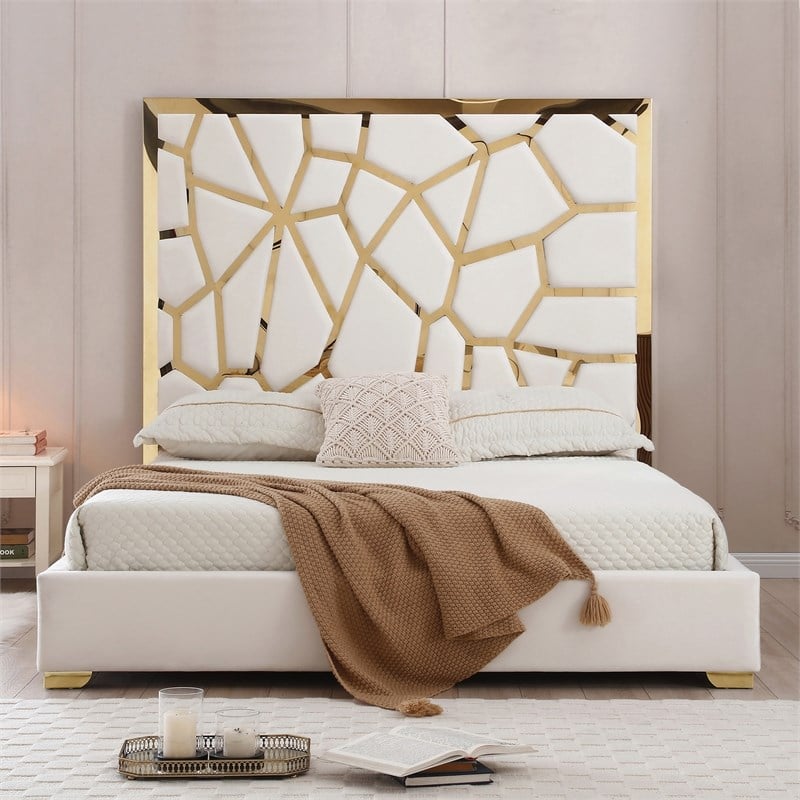 Serenity King Velvet Bed with Gold Metal Frame in Cream Color
