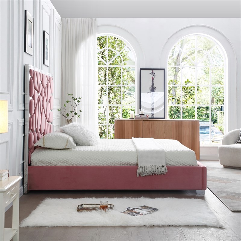 Serenity King Velvet Bed with Silver Metal Frame in Pink Color