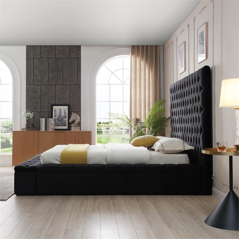 Cosmopolitan King Velvet Tufted Upholstered Storage Platform Bed in Black