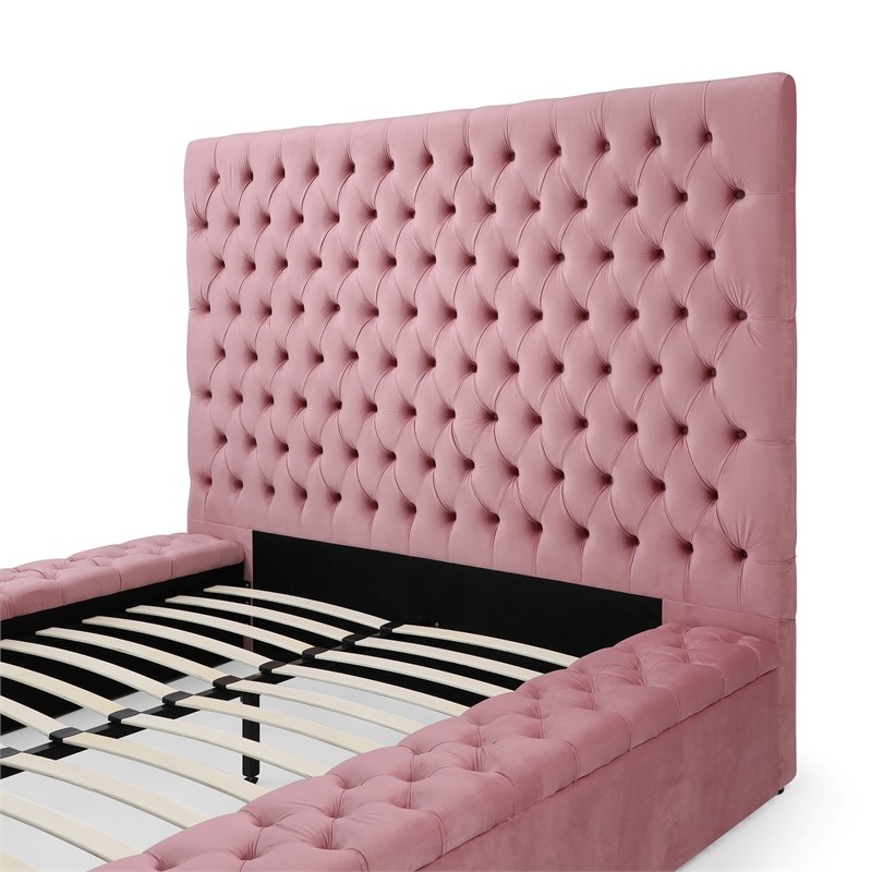 Cosmopolitan Queen Velvet Tufted Upholstered Storage Platform Bed in Pink