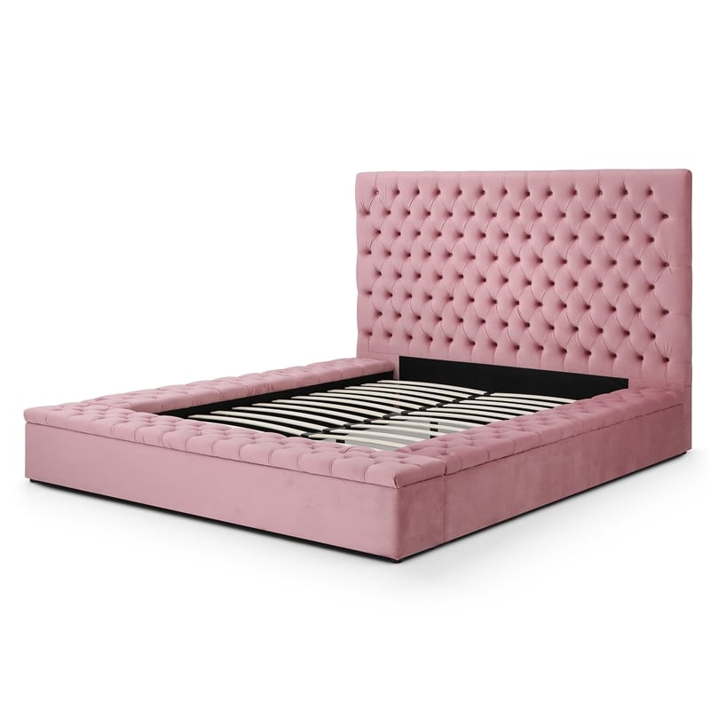 Cosmopolitan King Velvet Tufted Upholstered Storage Platform Bed in Pink