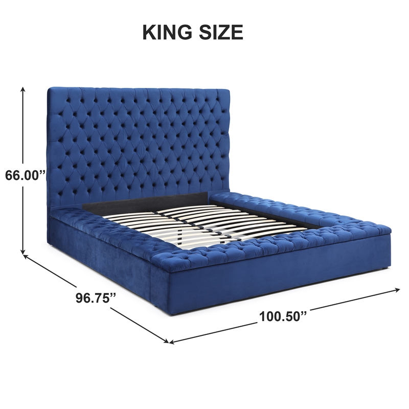 Cosmopolitan King Velvet Tufted Upholstered Storage Platform Bed in Blue