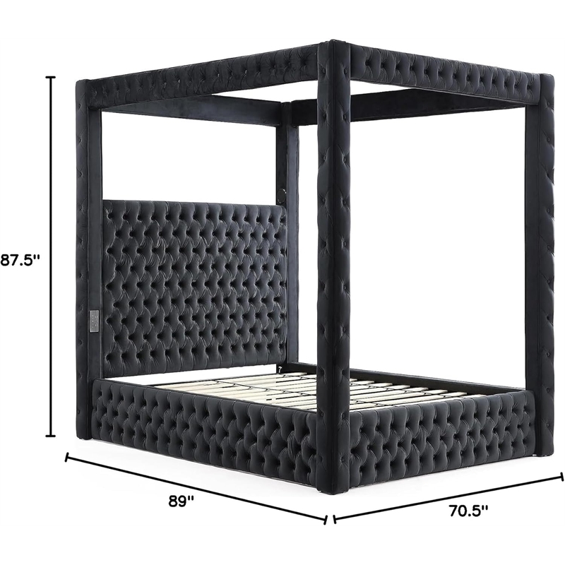 Luxurious Velvet Canopy Queen Bed with Speaker and USB Connection in Black