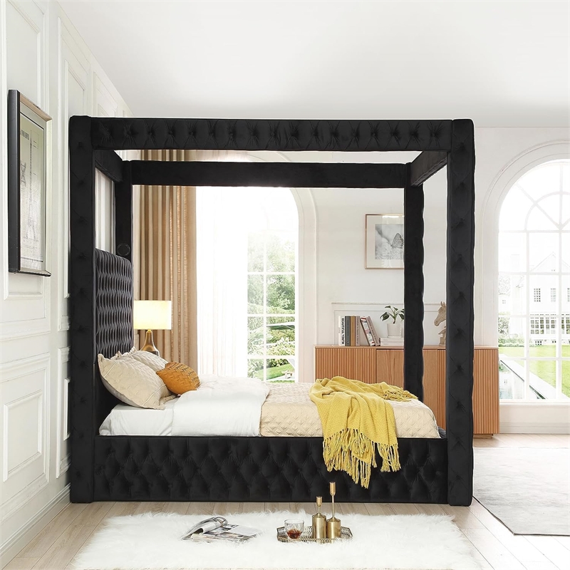 Luxurious Velvet Canopy Queen Bed with Speaker and USB Connection in Black