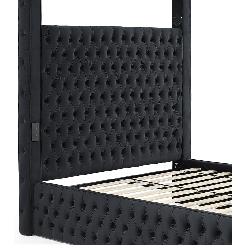 Luxurious Velvet Canopy Queen Bed with Speaker and USB Connection in Black