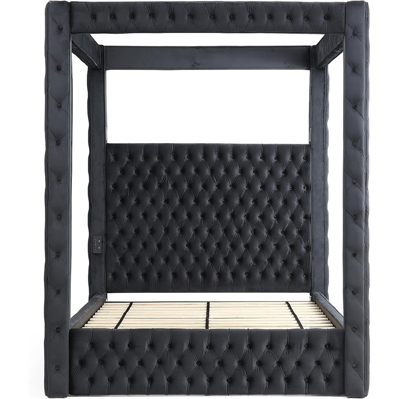 Luxurious Velvet Canopy Queen Bed with Speaker and USB Connection in Black