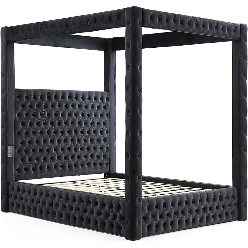 Luxurious Velvet Canopy Queen Bed with Speaker and USB Connection in Black