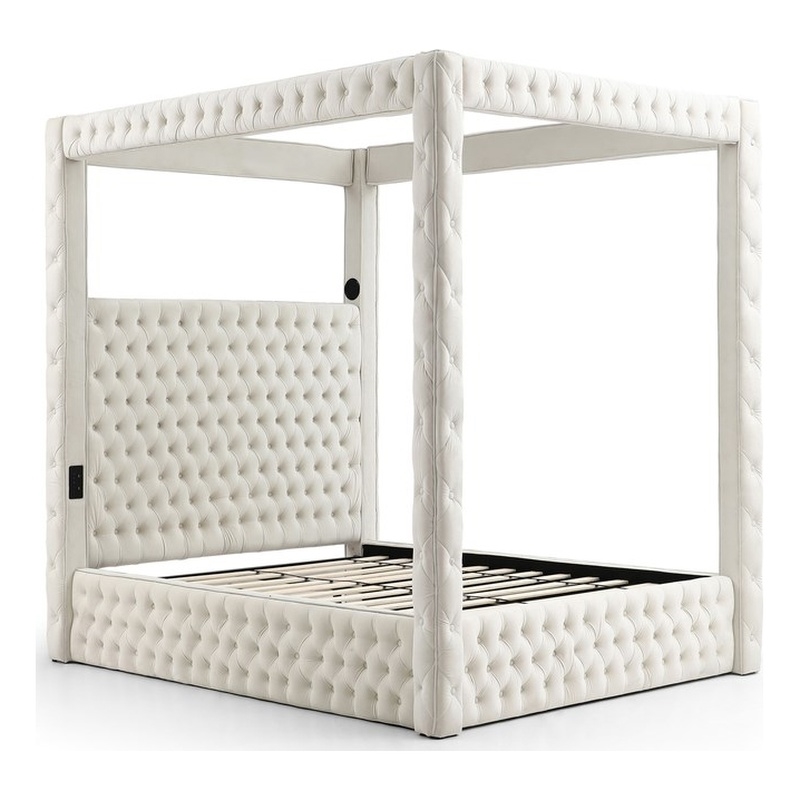 Luxurious Velvet Canopy Queen Bed with Speaker and USB Connection in Cream