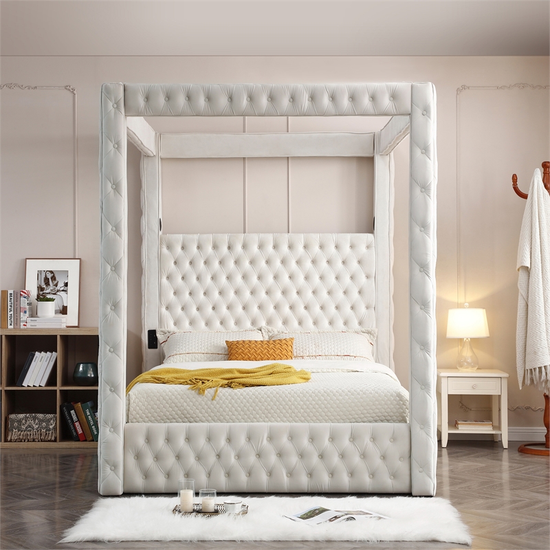 Luxurious Velvet Canopy Queen Bed with Speaker and USB Connection in Cream