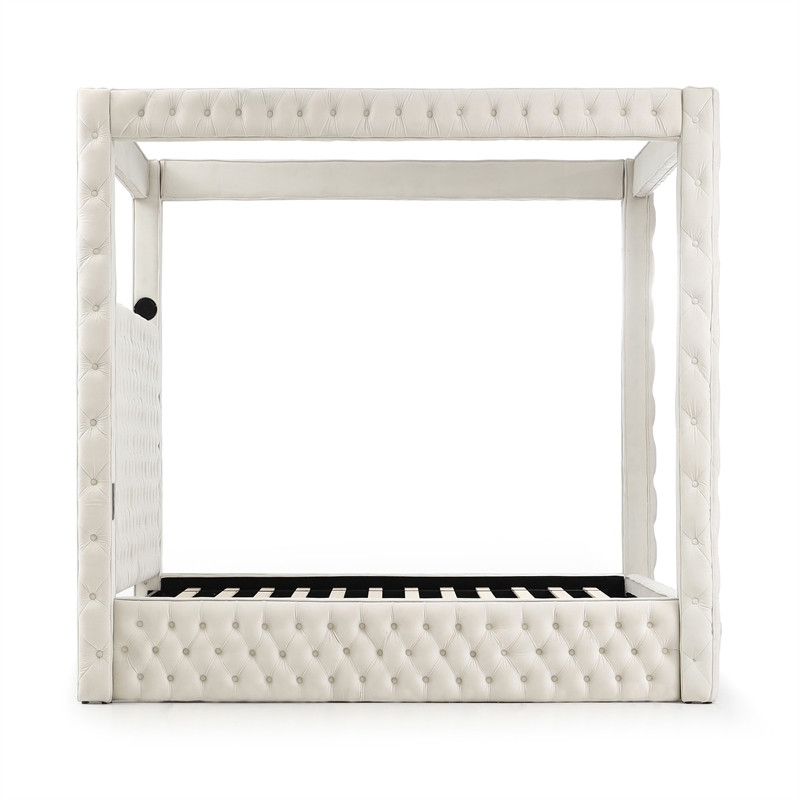 Luxurious Velvet Canopy Queen Bed with Speaker and USB Connection in Cream