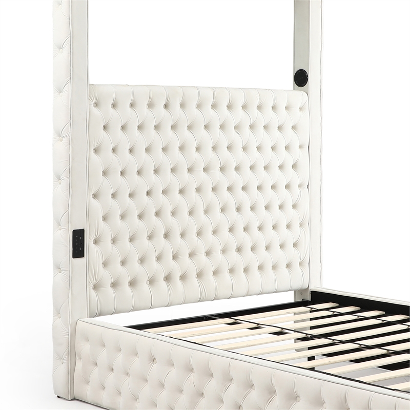 Luxurious Velvet Canopy Queen Bed with Speaker and USB Connection in Cream