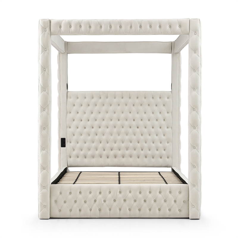 Luxurious Velvet Canopy Queen Bed with Speaker and USB Connection in Cream