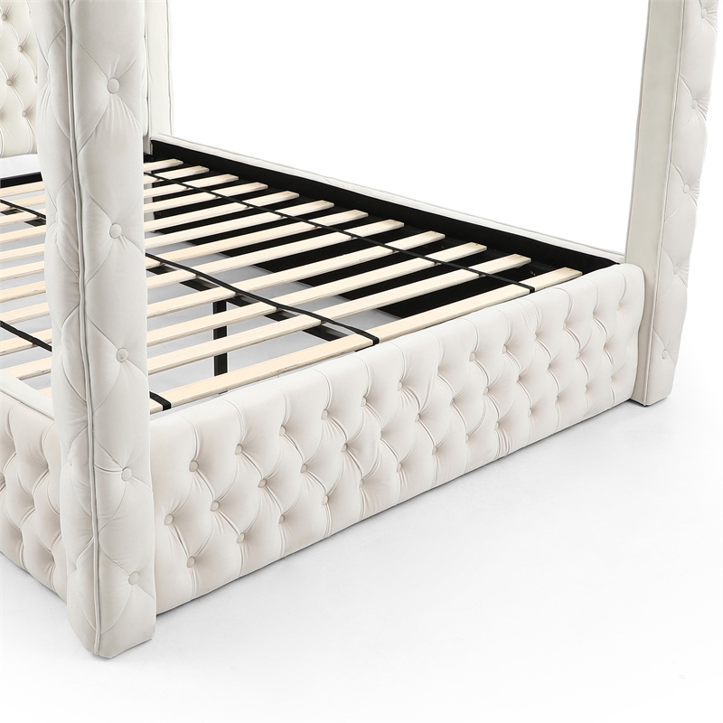 Luxurious Velvet Canopy Queen Bed with Speaker and USB Connection in Cream