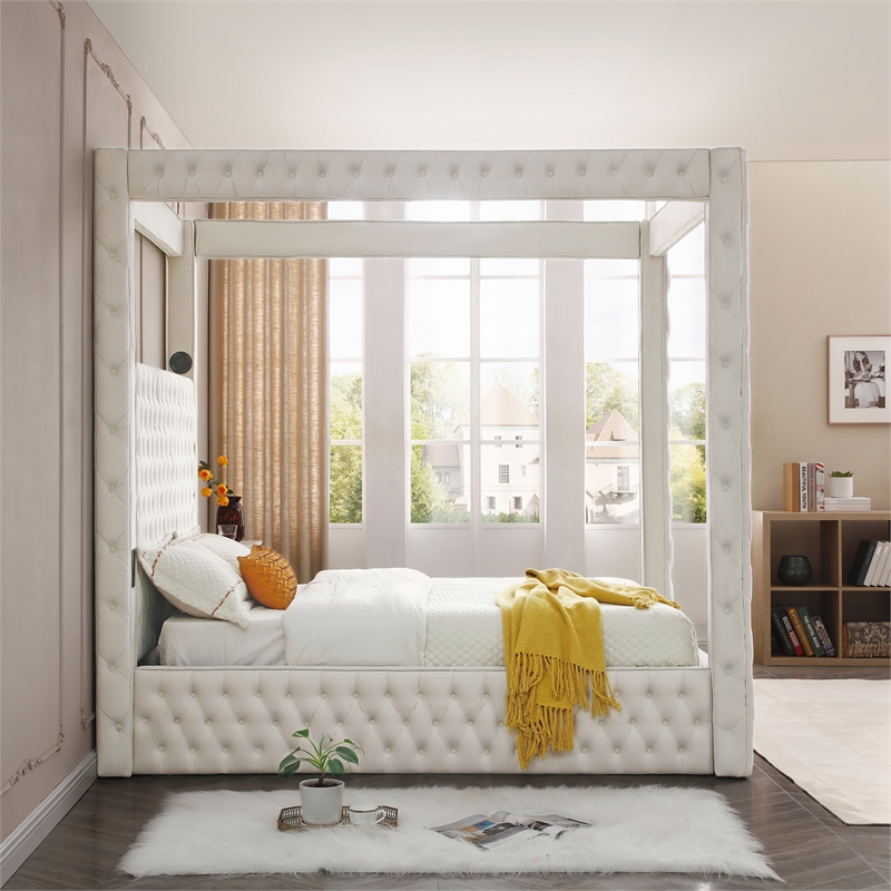 Luxurious Velvet Canopy Queen Bed with Speaker and USB Connection in Cream