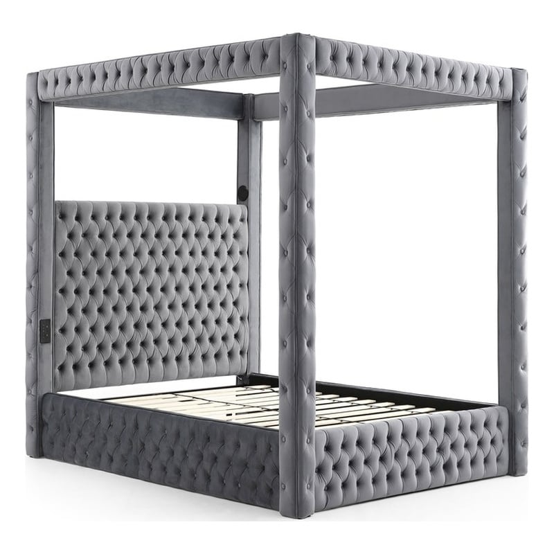 Luxurious Velvet Canopy Queen Bed with Speaker and USB Connection in Gray