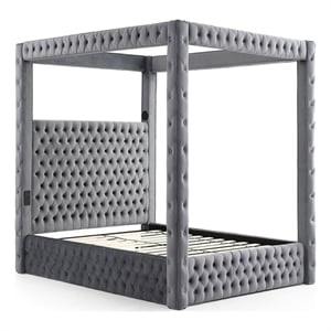Luxurious Velvet Canopy Queen Bed with Speaker and USB Connection in Gray