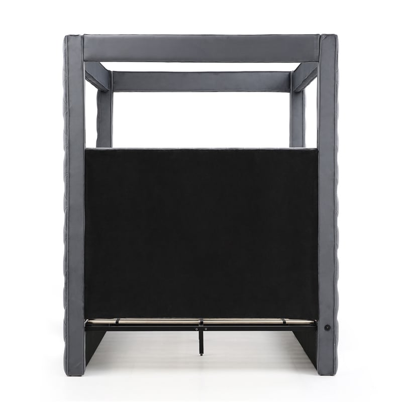 Luxurious Velvet Canopy Queen Bed with Speaker and USB Connection in Gray