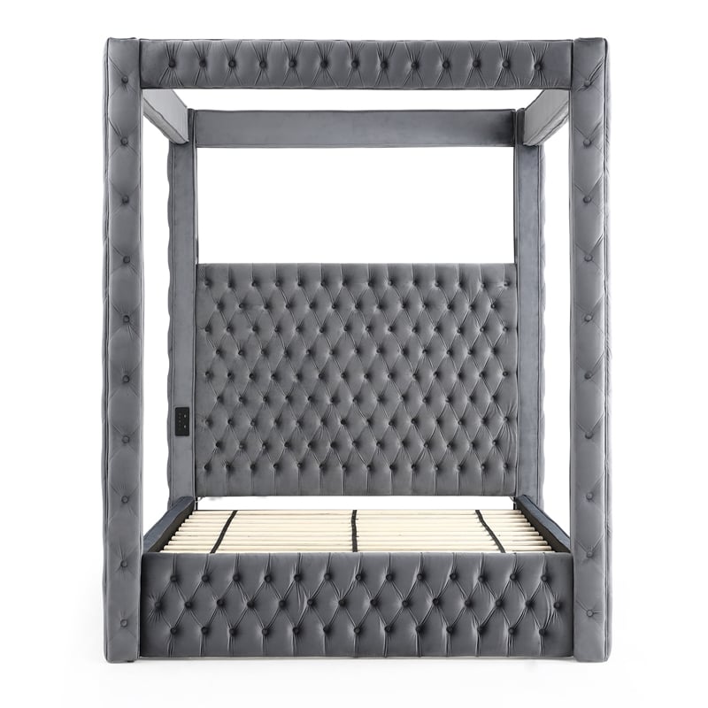 Luxurious Velvet Canopy Queen Bed with Speaker and USB Connection in Gray