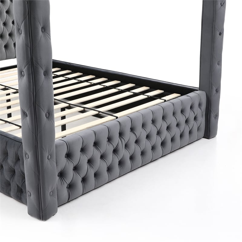 Luxurious Velvet Canopy Queen Bed with Speaker and USB Connection in Gray