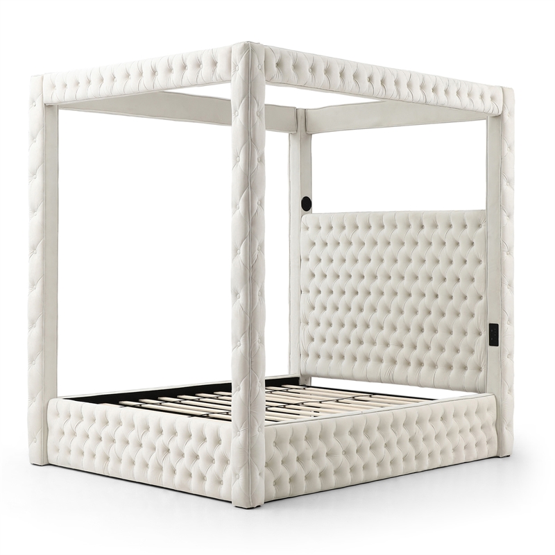 Luxurious Velvet Canopy King Bed with Speaker and USB Connection in Cream