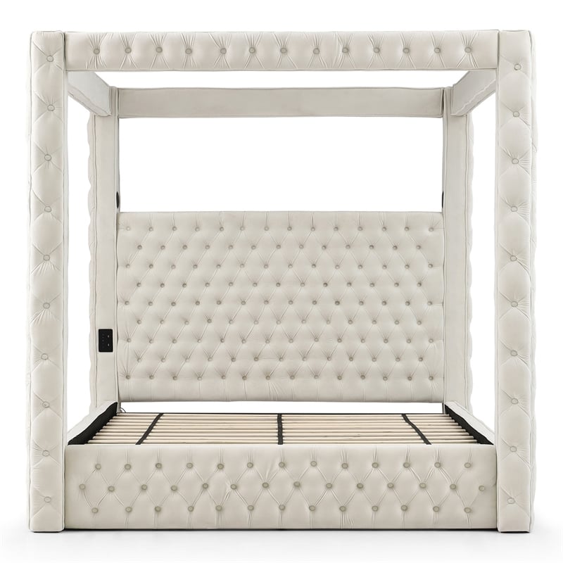 Luxurious Velvet Canopy King Bed with Speaker and USB Connection in Cream