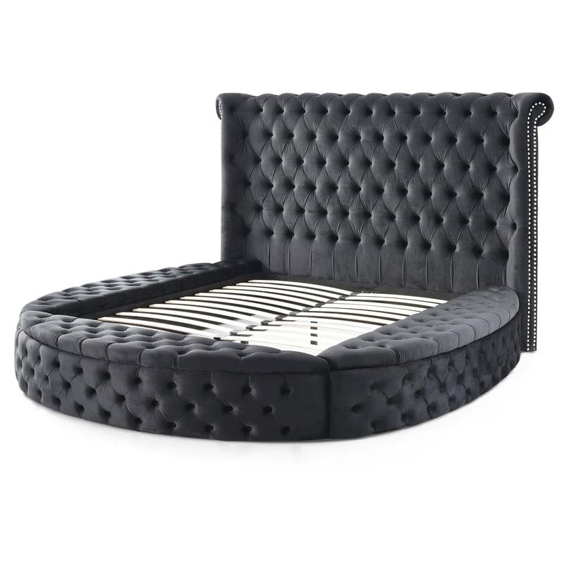 Elizabeth Upholstered Velvet Round Storage Queen Size Bed in Black Color