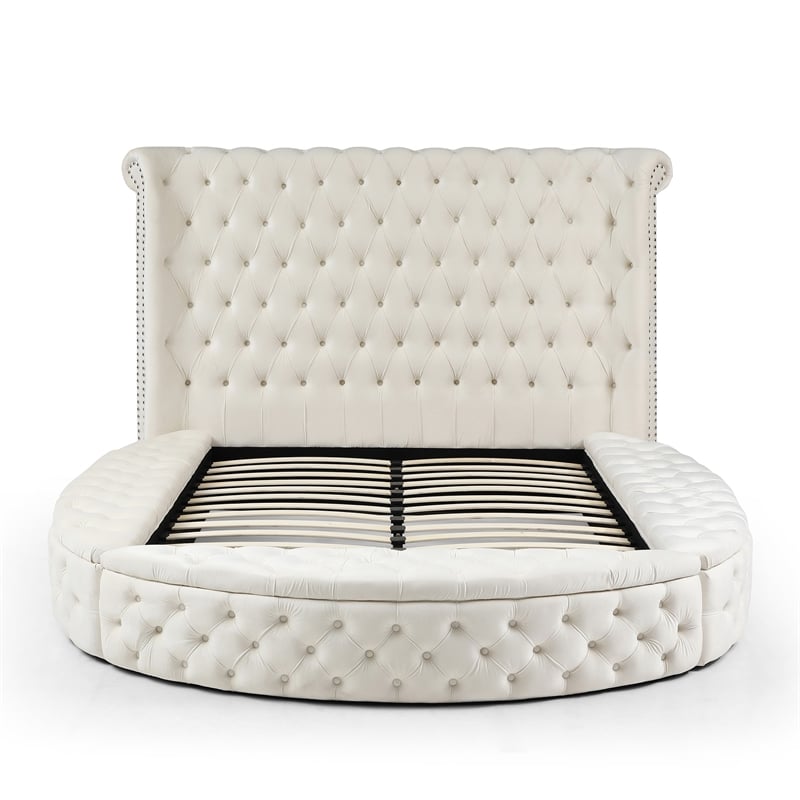 Elizabeth Upholstered Velvet Round Storage Queen Size Bed in Cream Color