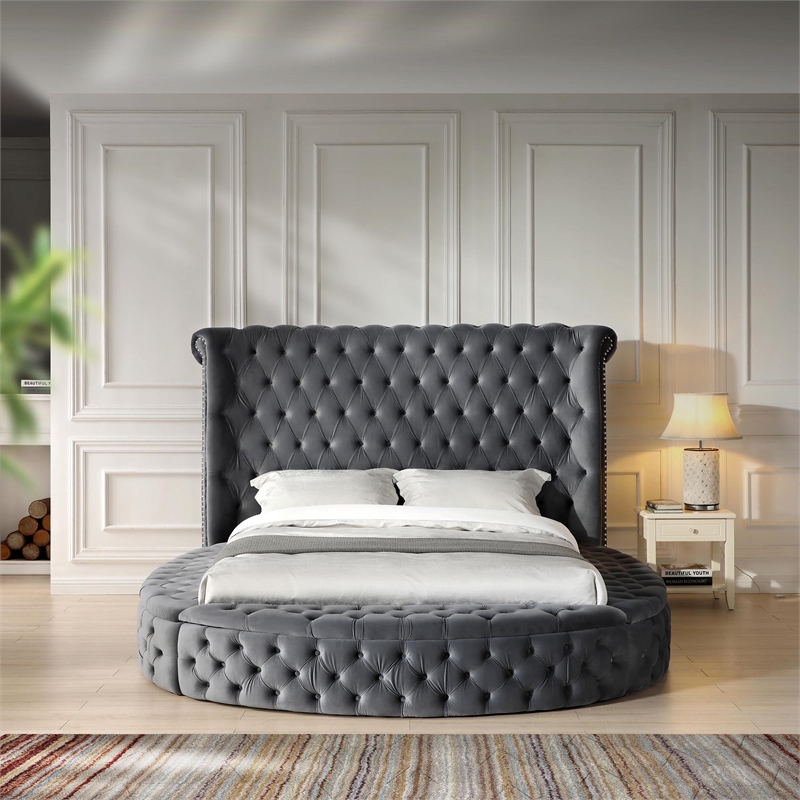 Elizabeth Upholstered Velvet Round Storage Queen Size Bed in Gray Color