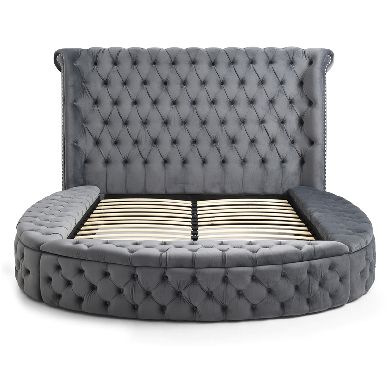 Elizabeth Upholstered Velvet Round Storage Queen Size Bed in Gray Color