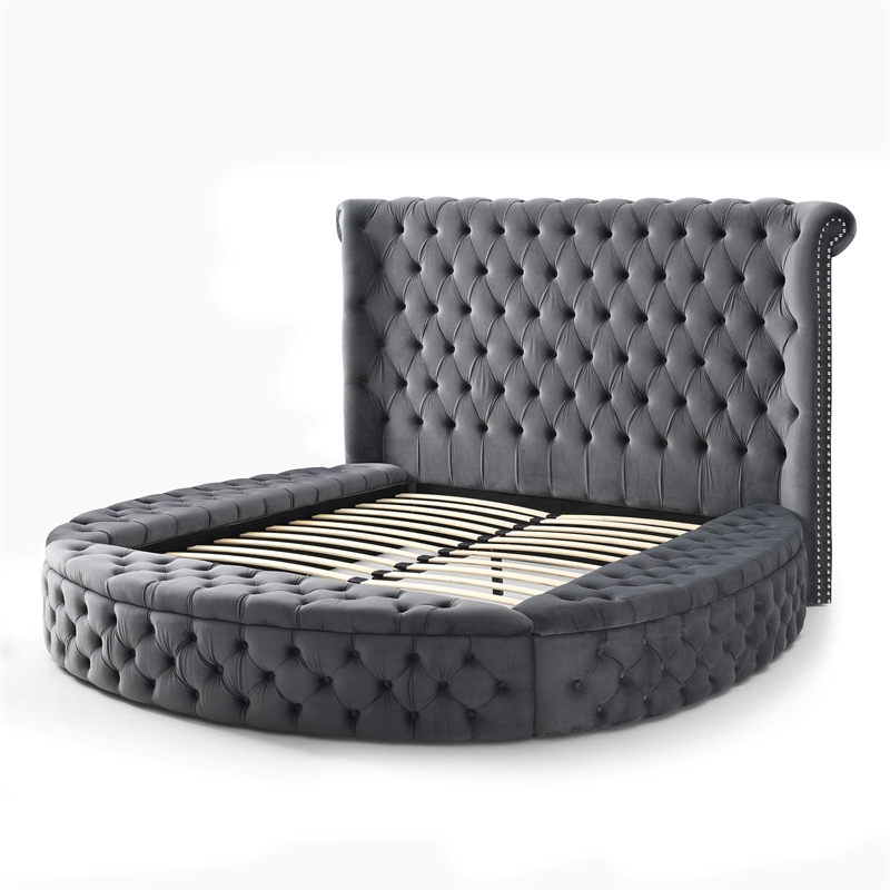 Elizabeth Upholstered Velvet Round Storage Queen Size Bed in Gray Color