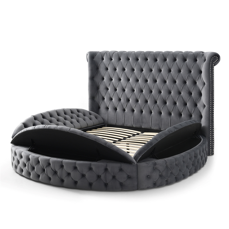 Elizabeth Upholstered Velvet Round Storage Queen Size Bed in Gray Color