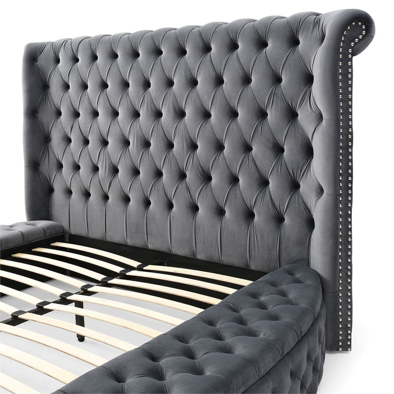 Elizabeth Upholstered Velvet Round Storage Queen Size Bed in Gray Color