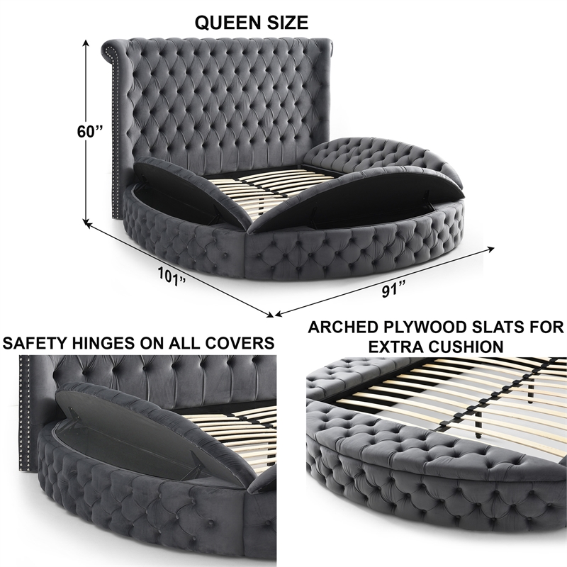 Elizabeth Upholstered Velvet Round Storage Queen Size Bed in Gray Color