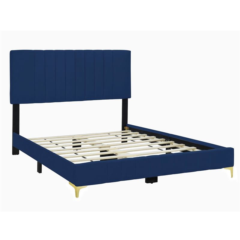 Dean Upholstered Velvet Queen Size Bed in Blue with Gold Metal Legs