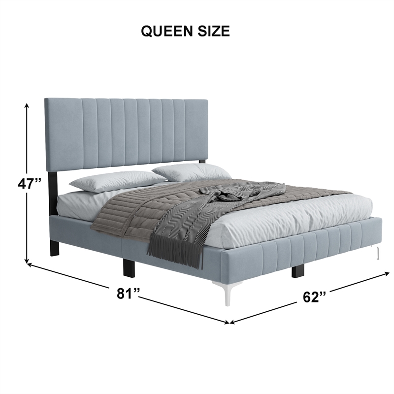 Dean Upholstered Velvet Queen Size Bed in Gray with Silver Metal Legs