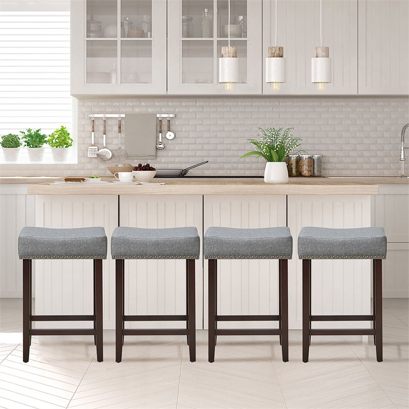 Costway 24'' Rubber Wood Nailhead Saddle Bar Stools in Gray (Set of 4)