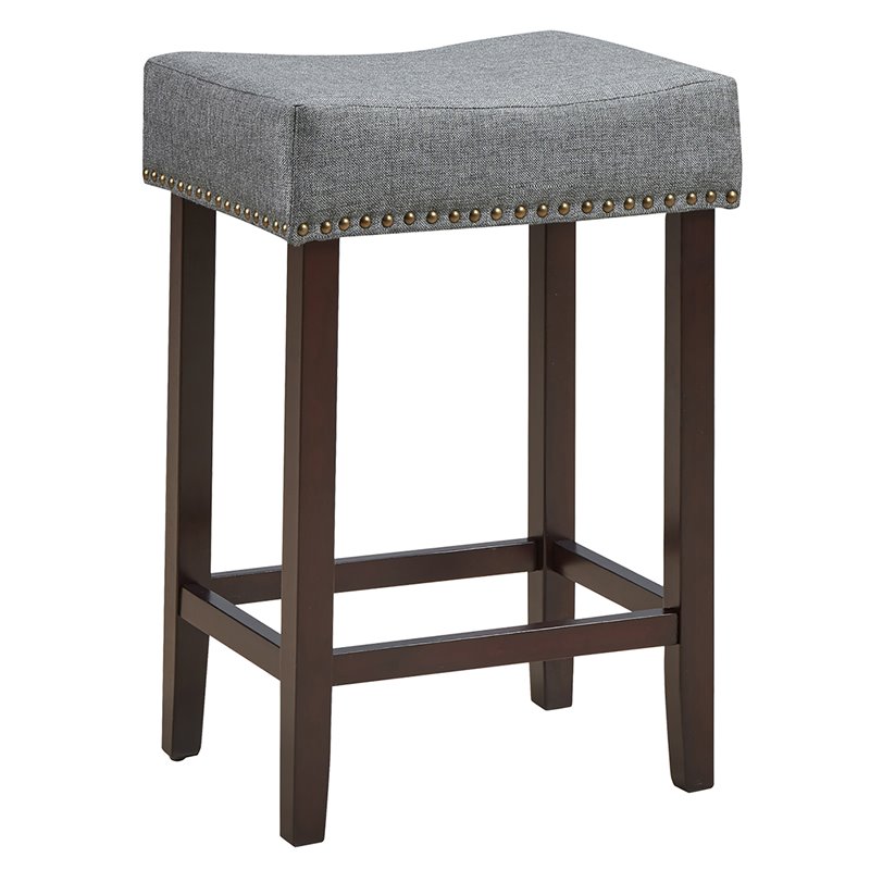 Costway 24'' Rubber Wood Nailhead Saddle Bar Stools in Gray (Set of 4)