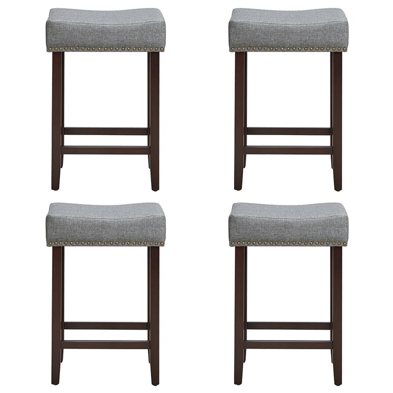 Costway 24'' Rubber Wood Nailhead Saddle Bar Stools in Gray (Set of 4)