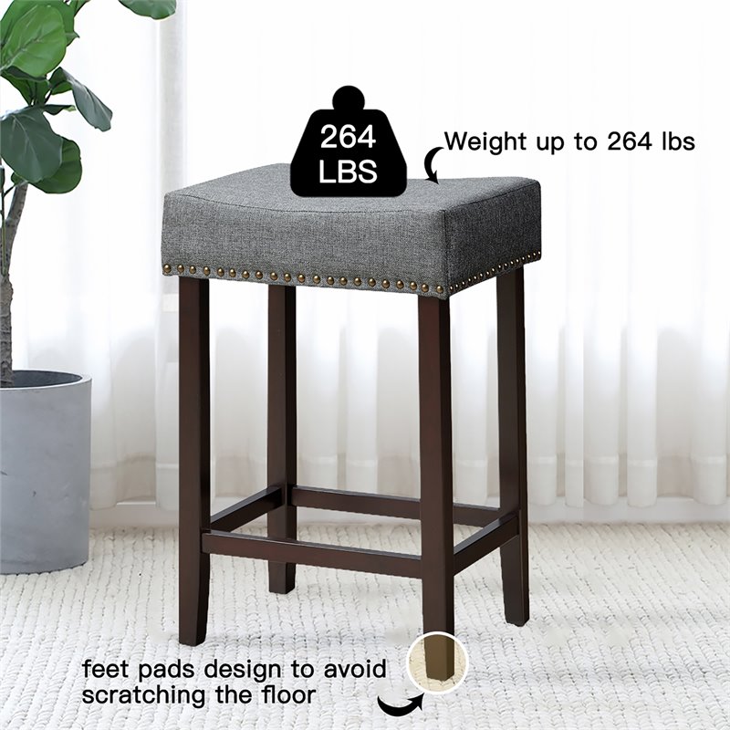 Costway 24'' Rubber Wood Nailhead Saddle Bar Stools in Gray (Set of 4)