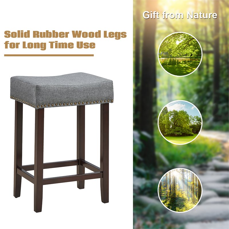 Costway 24'' Rubber Wood Nailhead Saddle Bar Stools in Gray (Set of 4)
