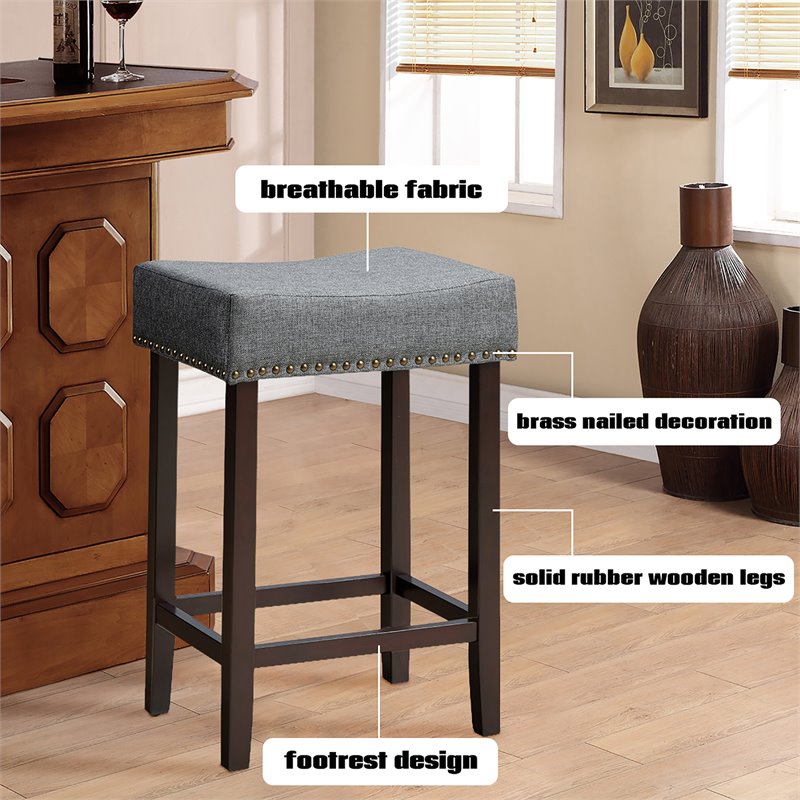 Costway 24'' Rubber Wood Nailhead Saddle Bar Stools in Gray (Set of 4)