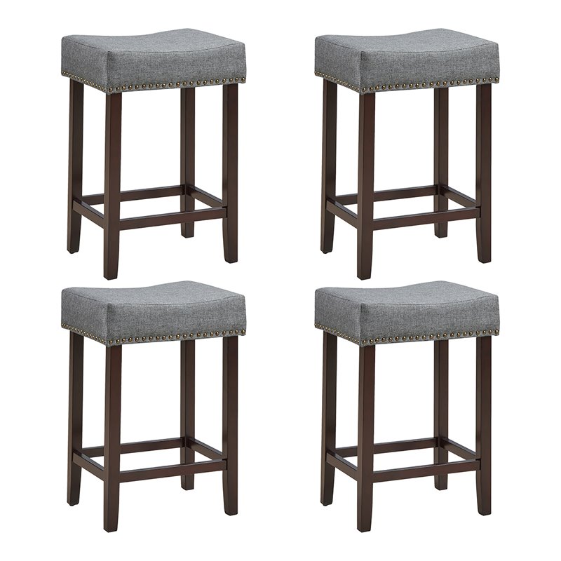 Costway 24'' Rubber Wood Nailhead Saddle Bar Stools in Gray (Set of 4)