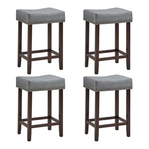 Costway 24'' Rubber Wood Nailhead Saddle Bar Stools in Gray (Set of 4)