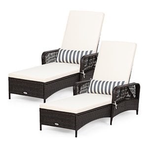 Costway 2 Pieces Rattan Chaise Lounge Chair with Armrest & Pillow in Brown/White