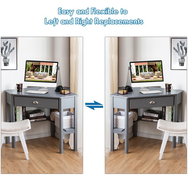 Costway Contemporary Pine and MDF Corner Computer Desk in Gray