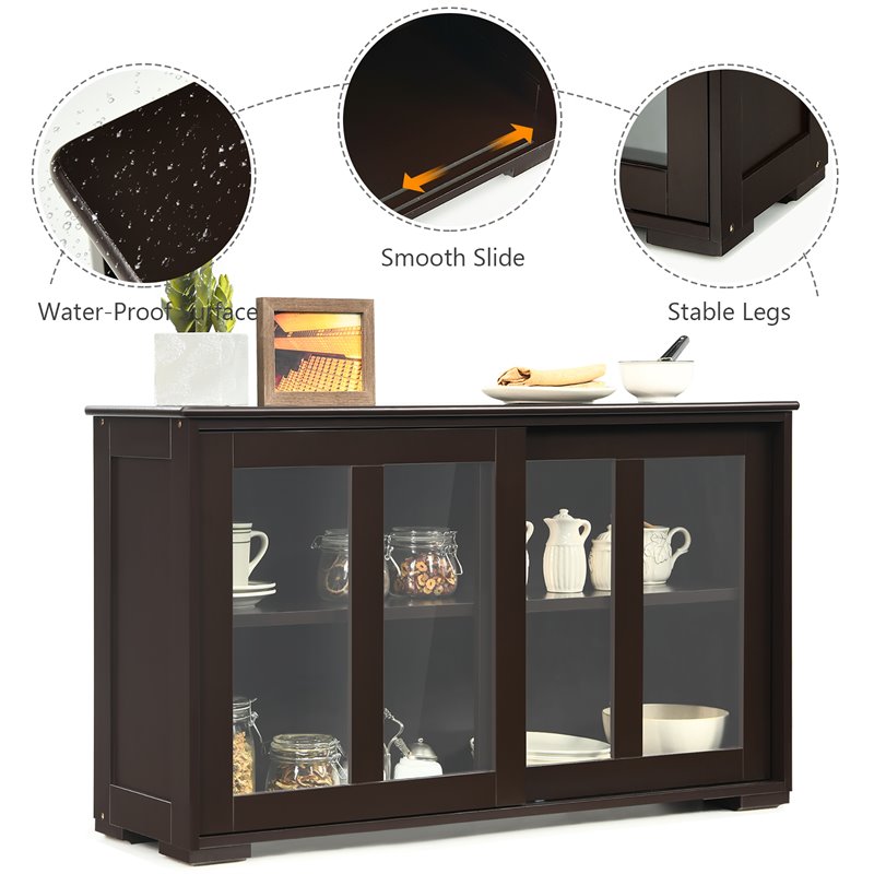 Costway MDF and Glass Kitchen Storage Cabinet with Sliding Door in Brown