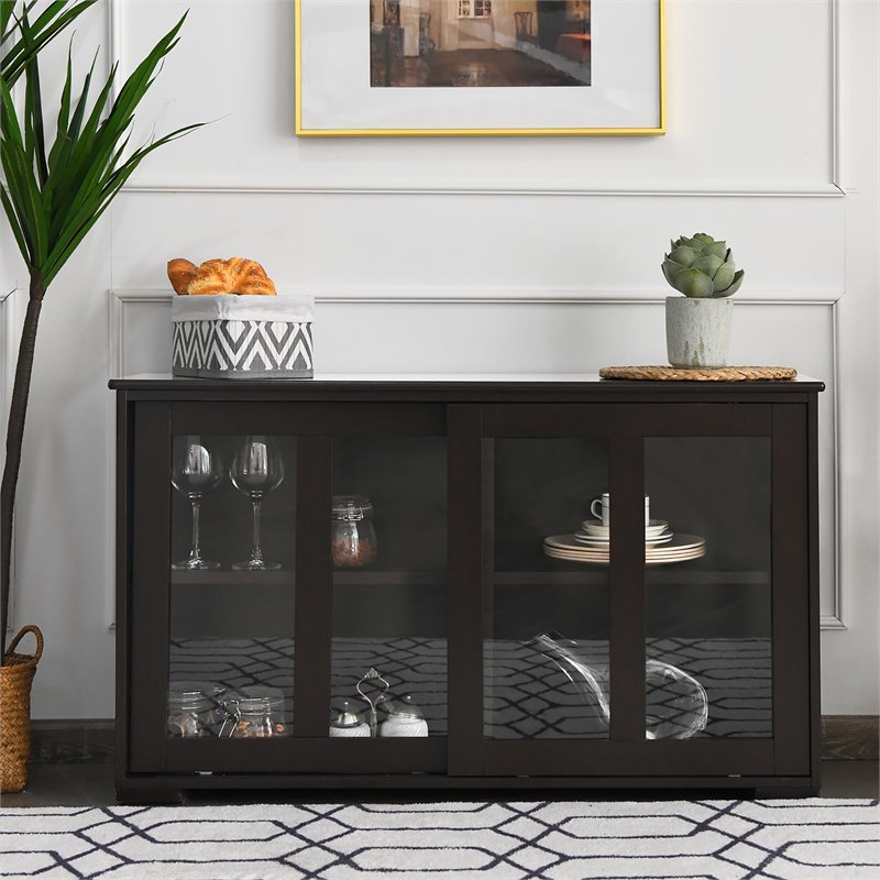 Costway MDF and Glass Kitchen Storage Cabinet with Sliding Door in Brown