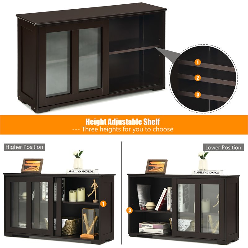 Costway MDF and Glass Kitchen Storage Cabinet with Sliding Door in Brown