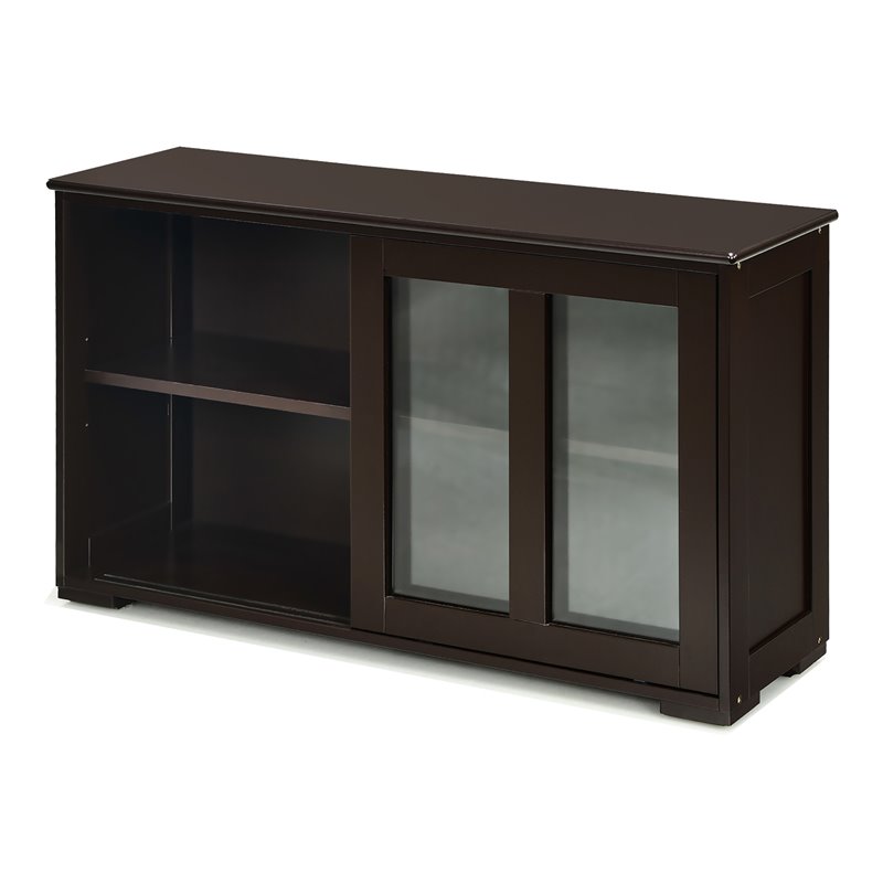 Costway MDF and Glass Kitchen Storage Cabinet with Sliding Door in Brown