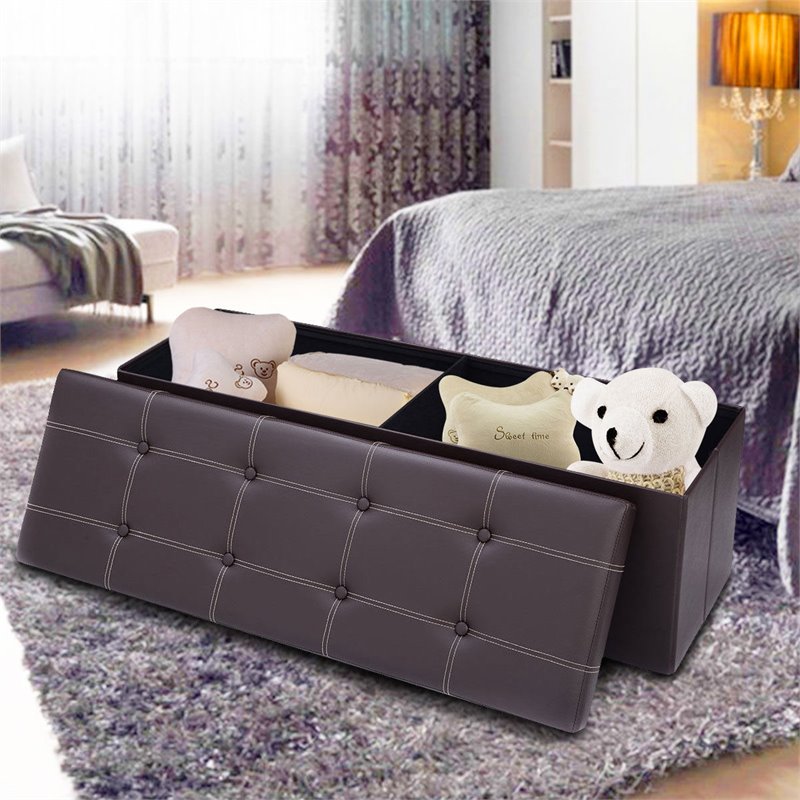 Costway 45'' Contemporary Leather Storage Seat Footstools in Brown